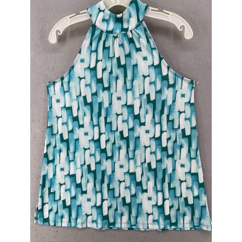 Colleen Lopez Collection Shirt Sz M Blue White Geometric Sleeveless Choker New